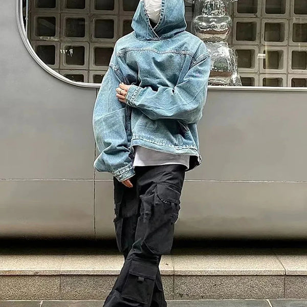 Mens Autumn Winter Fashion Denim Washed Distressed Retro Hoodie Gender