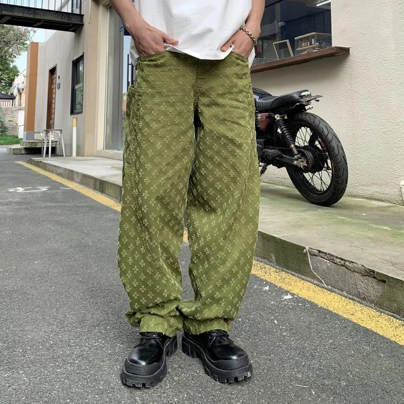 men brand fashion wash jacquard denim splice pocket loose casual wide leg baggy jeans cityboy cargo jeans pants trousers unique cargo style 2547