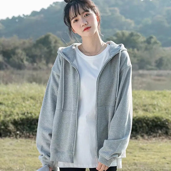 Grey Sweatshirt Hooded Casual Cotton Cardigan Sweatshirts Gray Women C