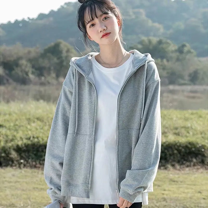 Grey Sweatshirt Hooded Casual Cotton Cardigan Sweatshirts Gray Women C