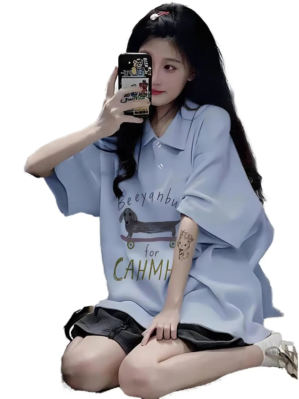 Gothic Vintage print – New 2024 Korean Style Casual Loose Blue Polo Collar Short Sl