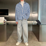 2024 Spring New Simple Versatile Fashionable Blue Houndstooth Woolen Shirt Style Genderless Casual Unisex Long-Sleeved Shirt