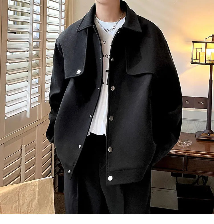 Winter Short Woolen Coat Men Warm Retro Thickened Woolen Jacket Men Streetwear Korean Loose Woolen Coat Mens Oversized Overcoat