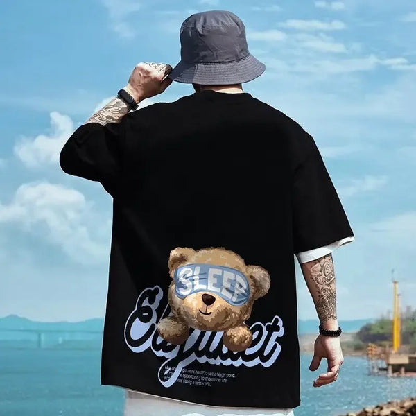 Skatercore Tribal flames – Kawaii Sleep Bear Graphic Printed Y2K T Shirt Mens Casual