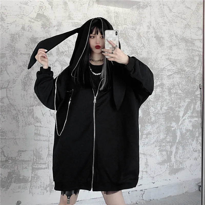 Autumn Winter Emo Bunny Hoodie Women Zip Up Kawaii Sweatshirt Rabbit E