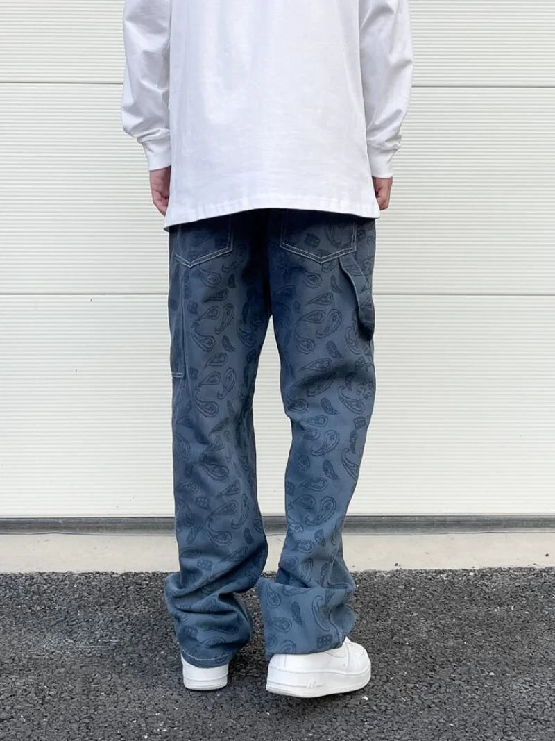 hip hop straight denim jeans pants fashion zipper paisley jeans streetwear mens new casual loose trousers jean pants joggers streetwear sweatpants