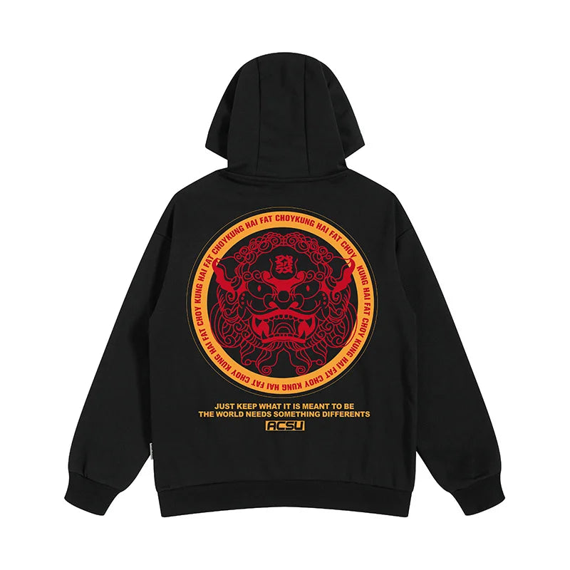 Autumn Dancing Lion Print Hooded Sweatshirts Hombre Hip Hop Fleece
