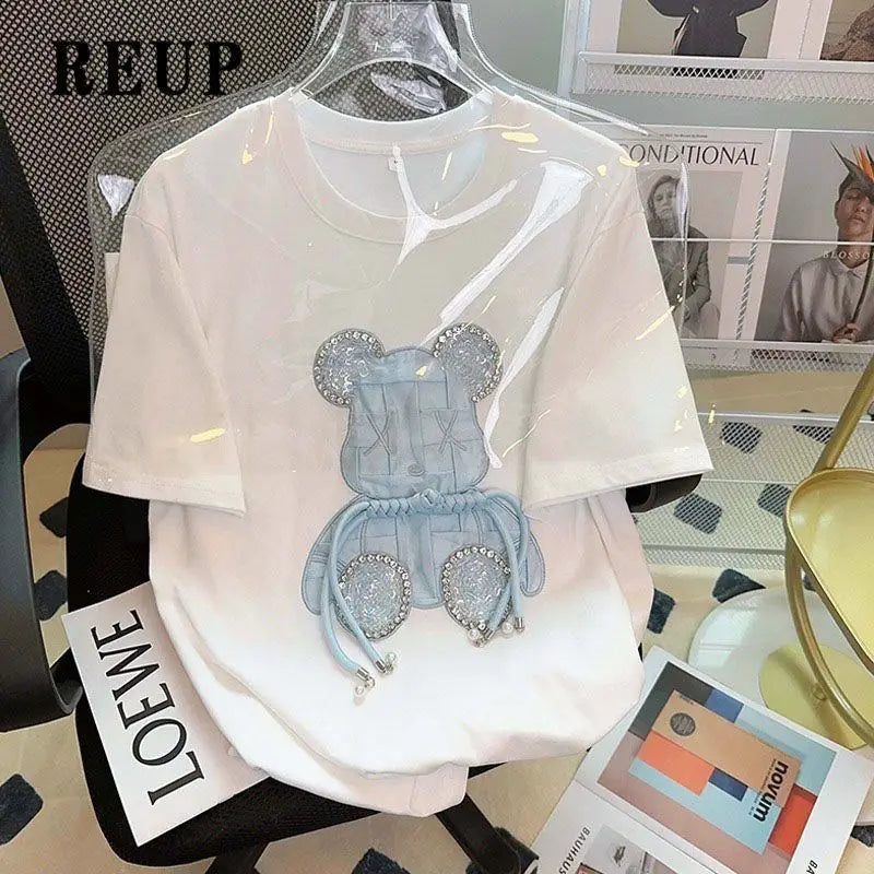 Trapwear Shirt – Luxury Embroidery Bear Diamond T Shirts Cute Cartoon – Modern Streetwear for Everyone