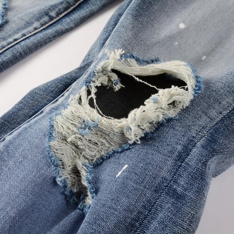 high street printed ripped holes denim jeans mens casual slim fit biker zipper trousers streetwear hip hop jean pants joggers unique joggers style 3462