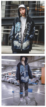 gothic tribal flames featuring cactus jack fashion skull skeleton hoodie zip up plush hoodie cardigan kanye oversized zipper hoodies y2k men black clothes