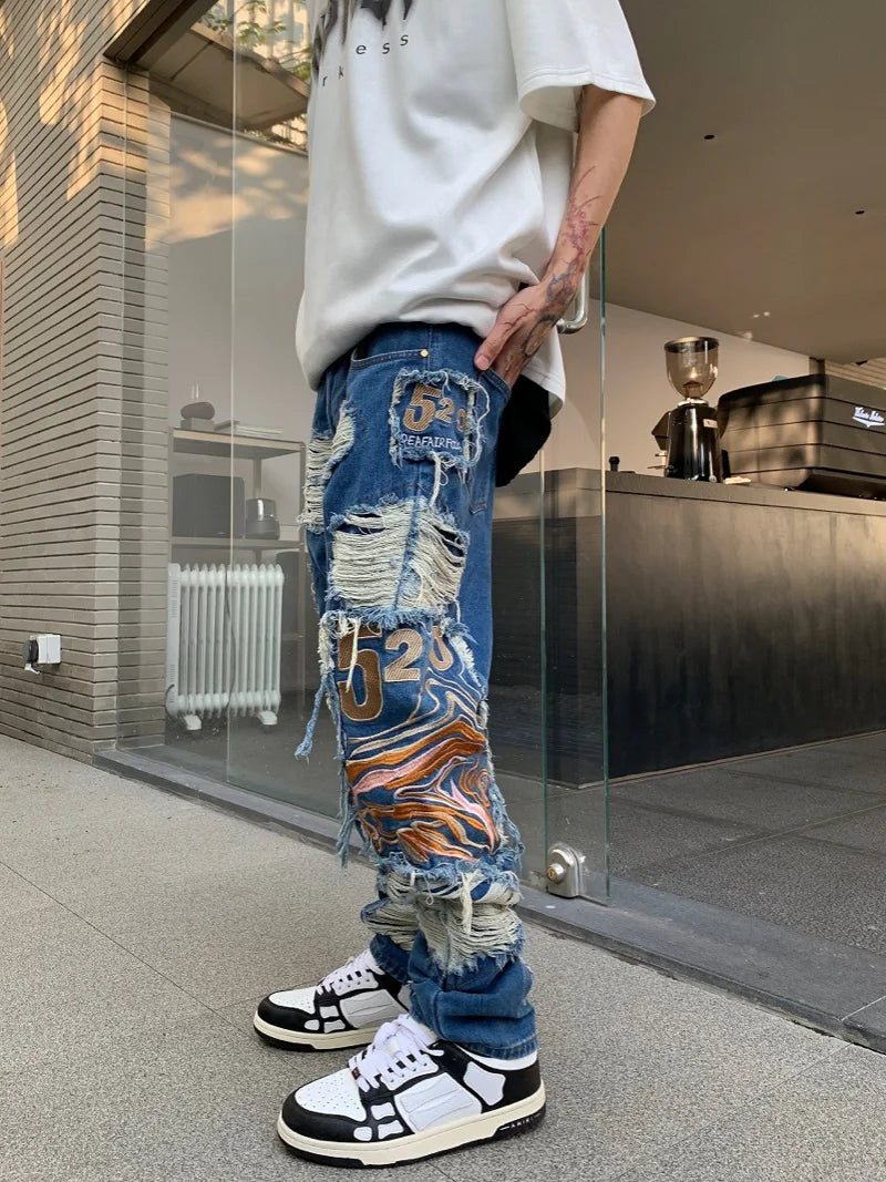 fashion embroidery destroyed ripped tassel holes denim jean pants mens casual loose straight jeans hip hop streetwear joggers relaxed fit joggers