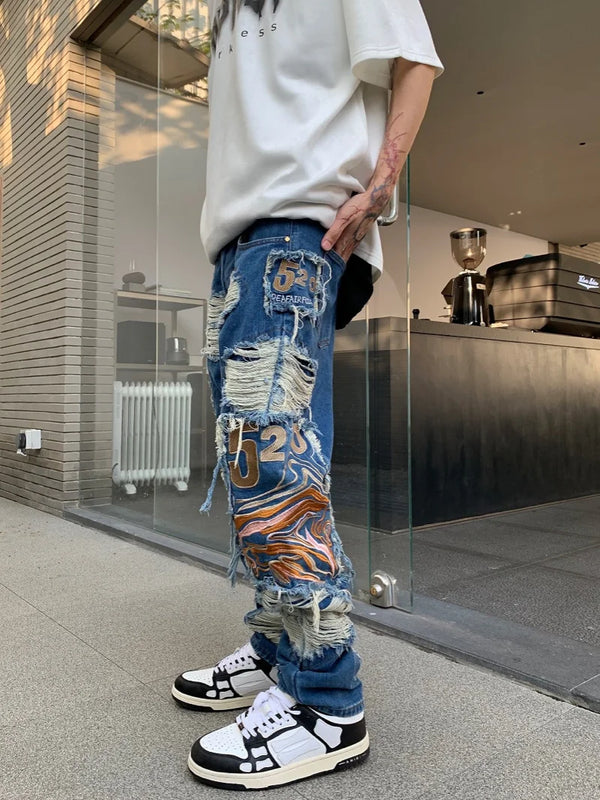 fashion embroidery destroyed ripped tassel holes denim jean pants mens casual loose straight jeans hip hop streetwear joggers relaxed fit joggers