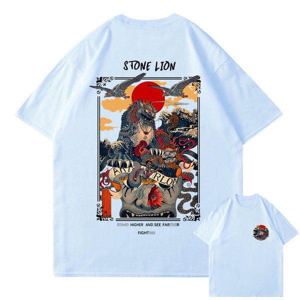 2022 Harajuku T Shirt Men Hip Hop T Shirt Stone Lion Chinese, streetwear graphic t‑shirt, in light gray, size S, harajuku aesthetic, soft cotton, relaxed fit, premium print, daily wear, Club Paradise , unisex streetwear,