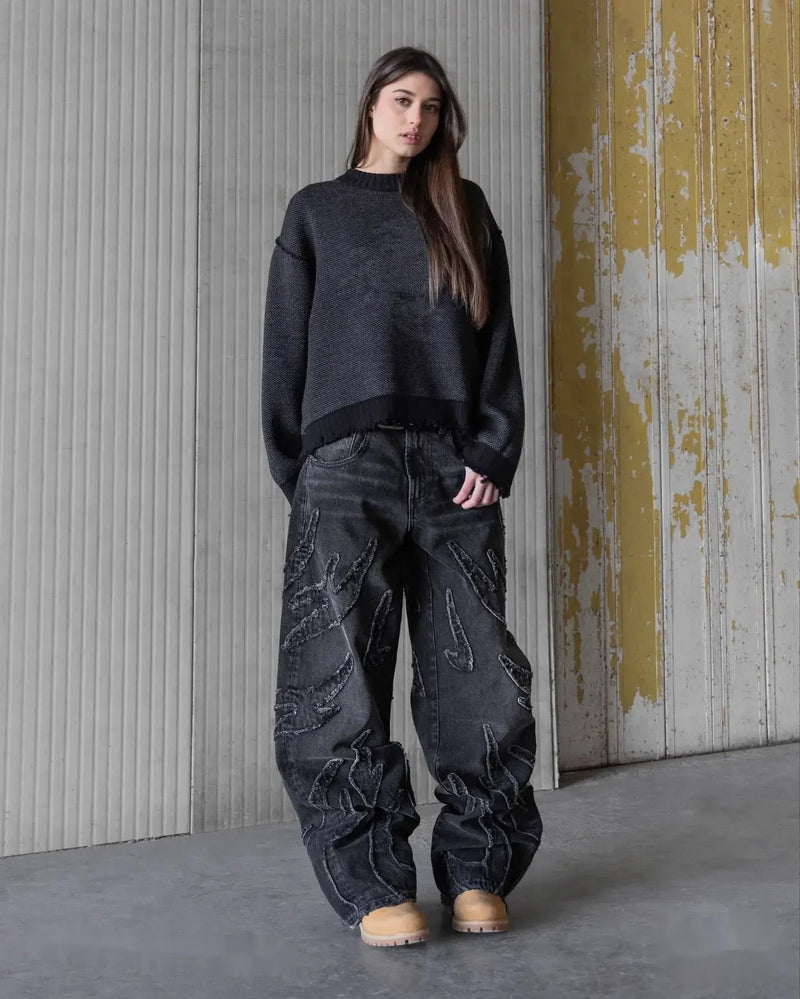 vintage y2k retro black baggy jeans for men hip hop punk raw edge embroidery jeans pattern patchwork high waisted denim pants unique jeans style 1571