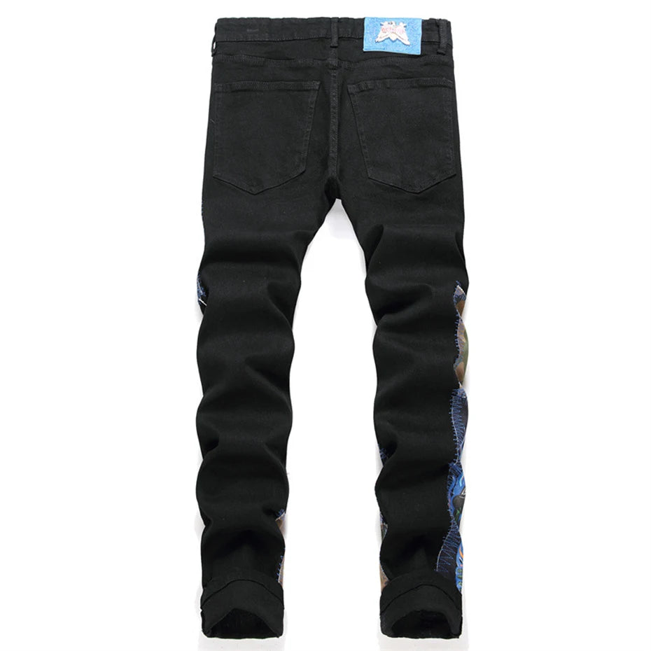 fashion ripped patchwork jeans men harajuku streetwear hip hop black jeans trend slim denim pants unique jeans style 340