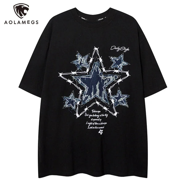 Trapwear Crying angel – Men Short Sleeve T Shirts Embroidery Star Patchwork Tees Str