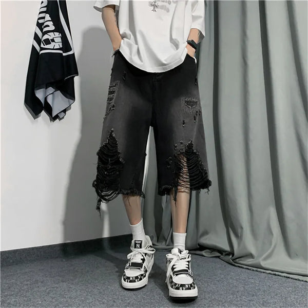 New Style Ripped Denim Shorts Men's Clothing 2024 Summer Five-point Korean Casual Youth Straight Trousers Boutique Clothing
