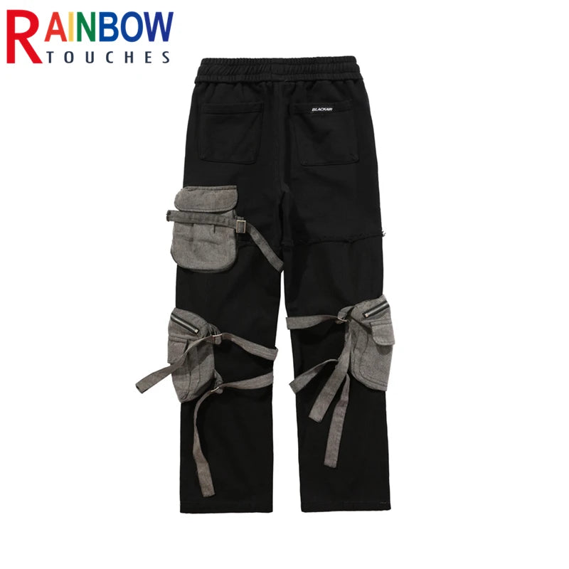 rainbowtouches fashion classic brand mens cargo pants casual color contrast trousers loose straight high street style overalls military streetwear pants