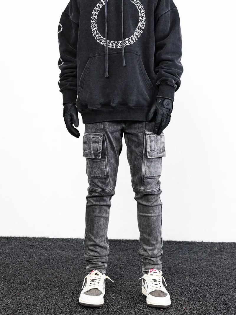 side pocket denim retro jeans mens biker zipper jean trousers hip hop fashion high street slim fit pants joggers y2k men s jeans sporty tapered joggers