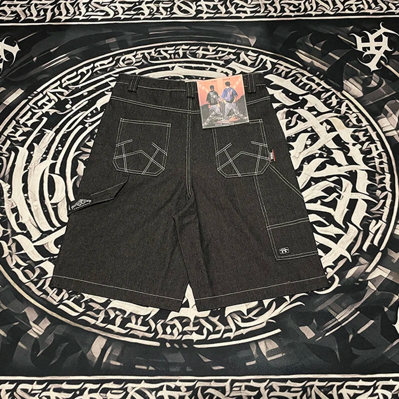high street embroidery casual over knee summer jeans shorts mens wide leg baggy y2k denim short oversized five point pants unique jeans style 3553