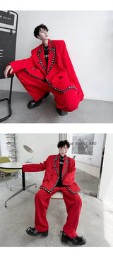 men streetwear fashion loose casual rivet hip hop party dress 2 piece suits blazers jacket pant sets stage clothing costume unique default style 1543