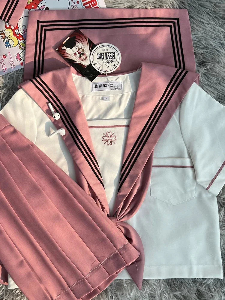 JK Original Kawaii Suit Japanese Genuine Cherry Blossom Embroidered Top + Dark Bad Jk Uniform Skirt Girly Sailor Suit