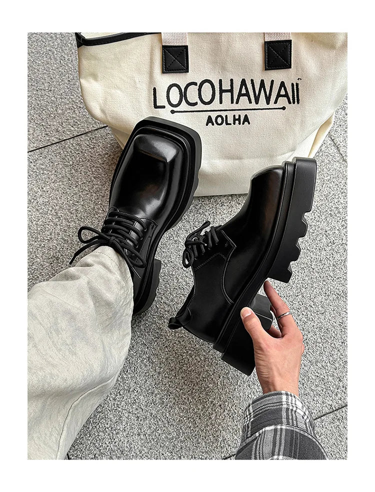 High Street Increase Derby Shoes Men's Streetwear Fashion Thick Sole Platform PU Leather Casual Luxury Designer Shoe