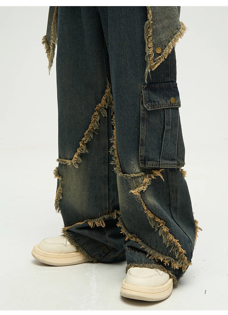 fashion patchwork frayed star denim straight jean pant men casual side pocket y2k trouser unisex hip hop streetwear jeans pants unique jeans style 398
