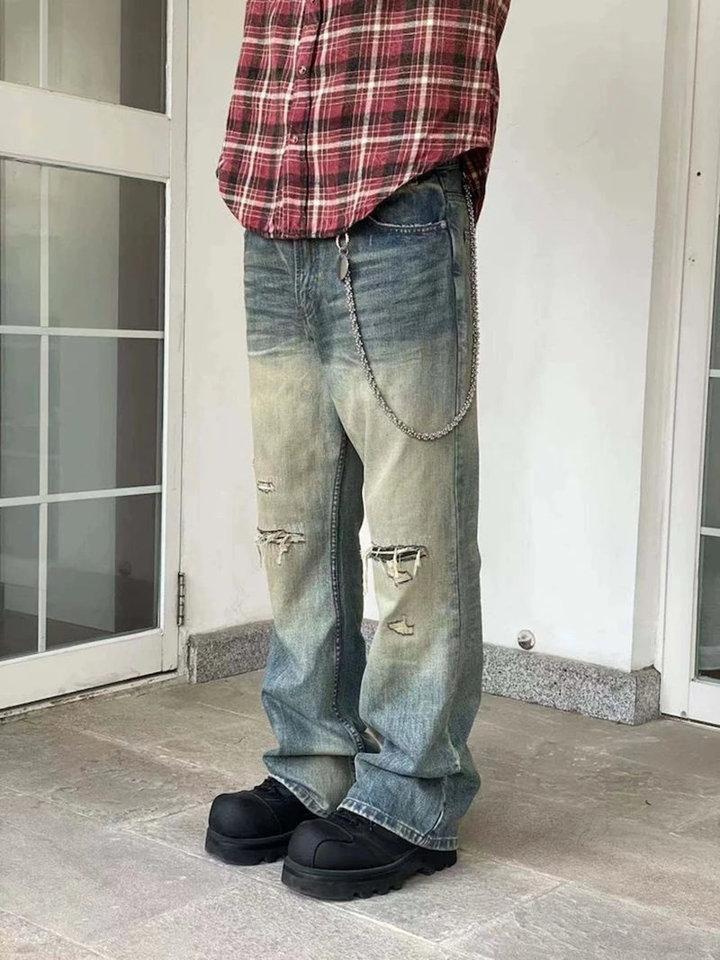 mens vintage ripped jeans distressed hole blue flared jeans trousers luxury designer male denim pants unique jeans style 1627