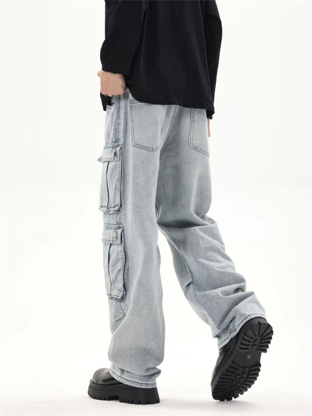 2024 multi pocket jeans vintage mens harajuku cargo denim pants retro hip hop straight loose jean pants unique cargo style 894