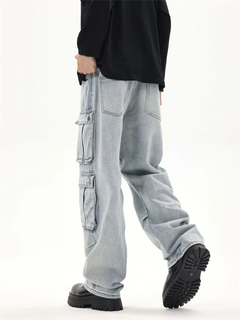 2024 multi pocket jeans vintage mens harajuku cargo denim pants retro hip hop straight loose jean pants unique cargo style 894