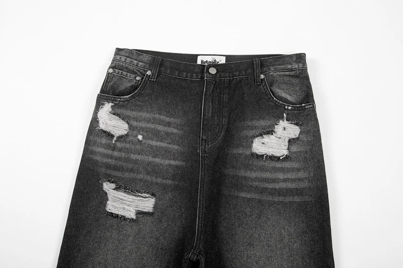 retro black blue straight oversized washed torn jeans solid color ripped jeans baggy hip hop destroyed men wide leg jeans pant unique jeans style 4820