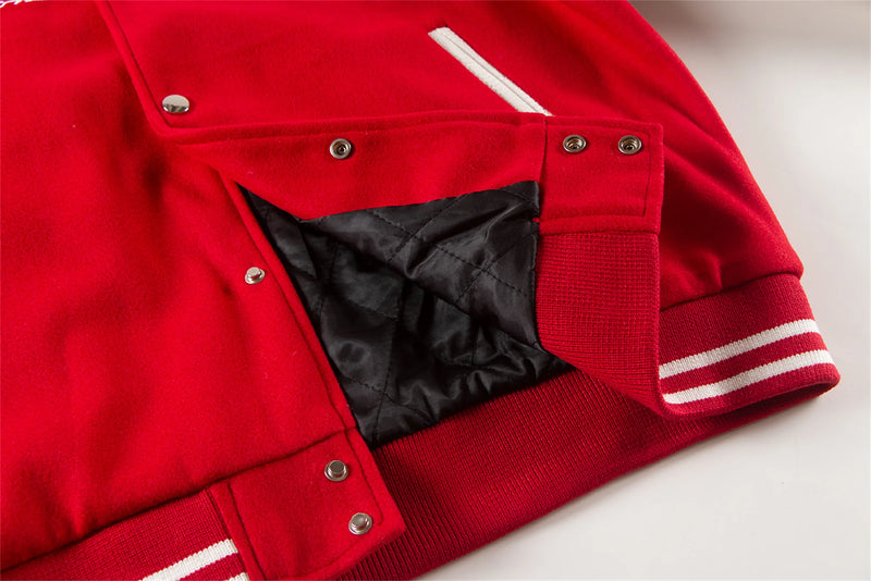 Bold Graphic Varsity Coat with Leather Sleeves – Retro Style