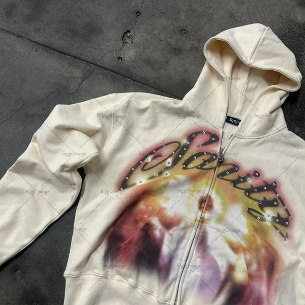 European And American Retro Zipper Hoodie Men Y2K Letter Graffiti Prin