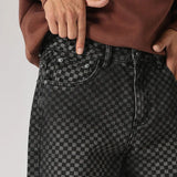 men streetwear fashion hip hop loose casual print black plaid denim pant jeans man vibe straight cowboy baggy jeans trousers unique jeans style 1571