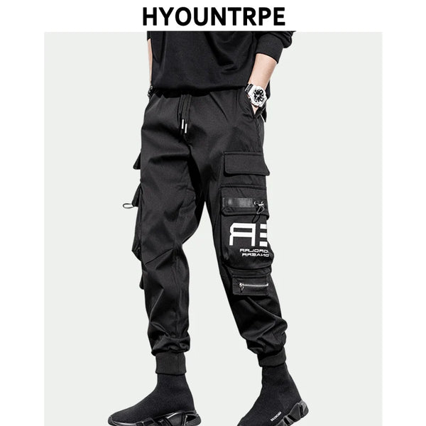 mens cargo pants elastic waist trousers with pockets streetwear hip hop loose fit ankle drawstring military sweatpants joggers sporty tapered joggers