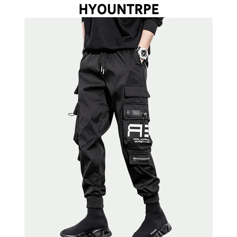mens cargo pants elastic waist trousers with pockets streetwear hip hop loose fit ankle drawstring military sweatpants joggers sporty tapered joggers