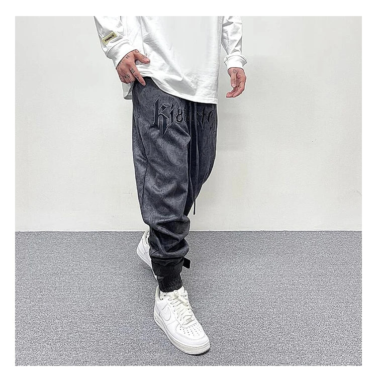 hip hop loose fit elastic waist pants fashion paisy ankle pants mens casual letter embroidery drewstring sportwear pants joggers unique joggers style 3530