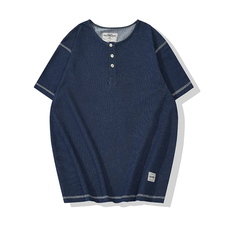Glitchcore Melting smiley – Denim Blue Knitted Henry Collor T Shirt Men Vintage Topstitc