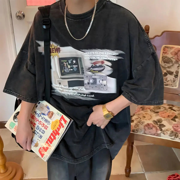 Vaporwave Chrome logo – American Retro Washed And Aged Computer Digital Loose T Shir