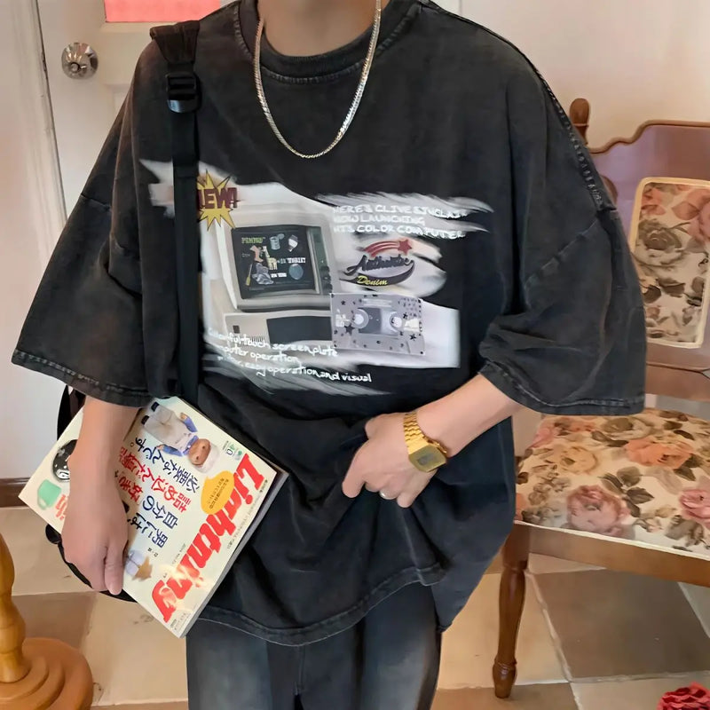 Vaporwave Chrome logo – American Retro Washed And Aged Computer Digital Loose T Shir