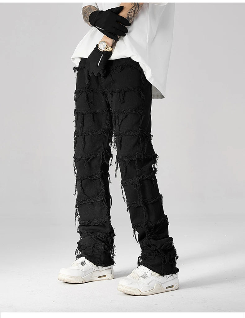 destroyed ripped pieced patchwork denim jean pants casual straight biker trousers mens fashion y2k hip hop streetwear joggers unique joggers style 529