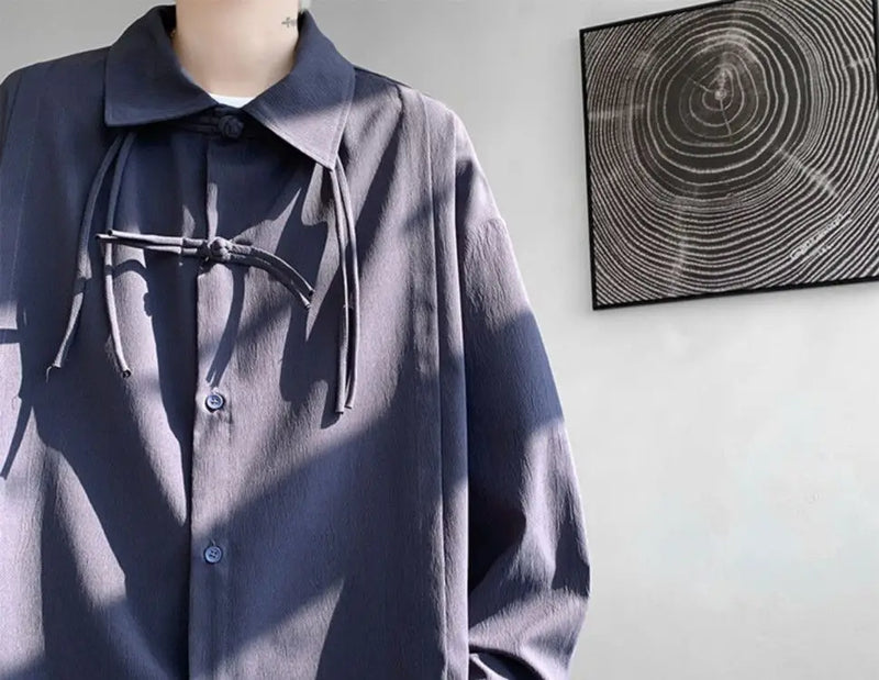Shirts for men spring and autumn style national fashion design loose and versatile large size outer wear lapel long sleeved tops