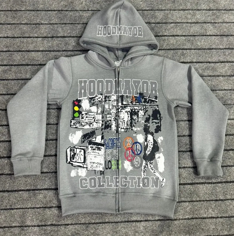 American Gothic Fashion Letter Pattern Print Oversized Hoodie Mens Y2K