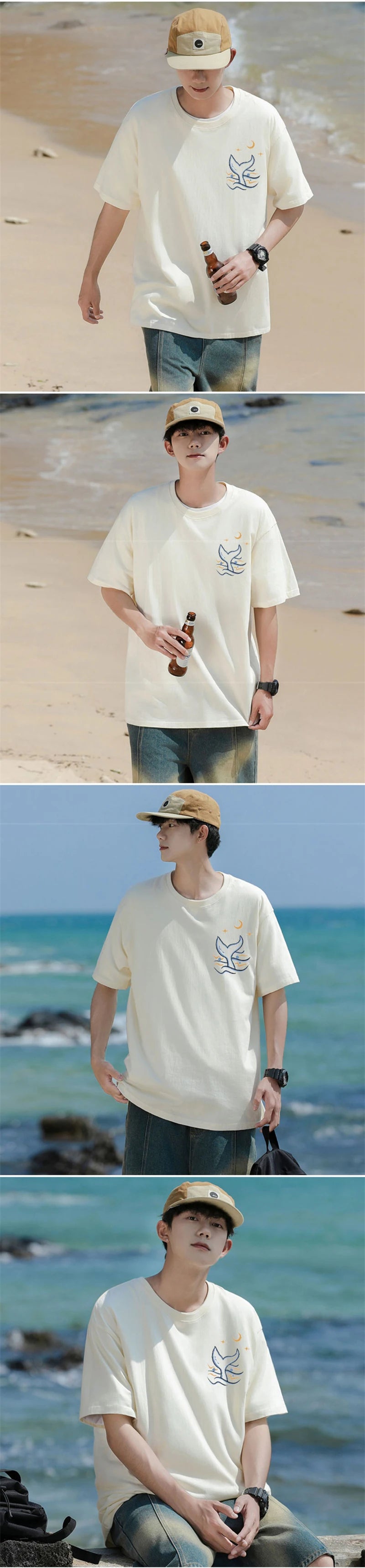 Skatercore Vintage anime – Kawaii Whale Tail Print T Shirt Men Hip Hop Fashion Cotton G