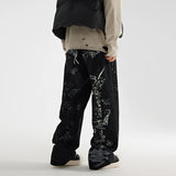fashion graffiti printed denim jeans men unisex casual zipper wide legs straight jeans streetwear hip hop baggy pants joggers sporty tapered joggers