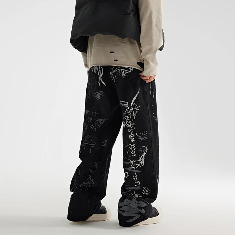 fashion graffiti printed denim jeans men unisex casual zipper wide legs straight jeans streetwear hip hop baggy pants joggers sporty tapered joggers