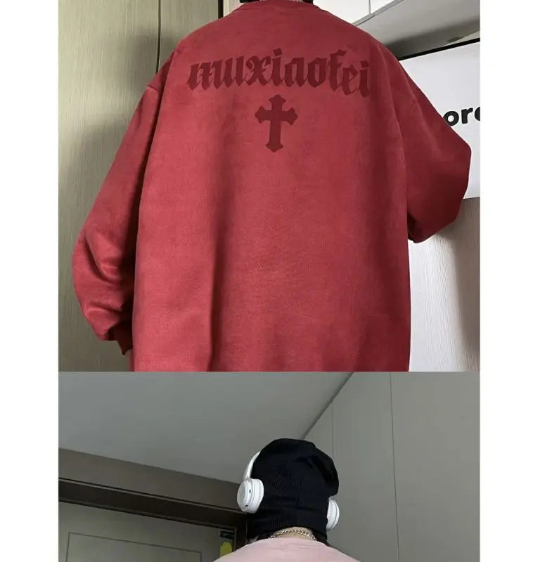 Winter Korean Trendy Suede Sweatshirt for Men in Autumn New Y2K American High Street Handsome Long-sleeved Couple Printed Top