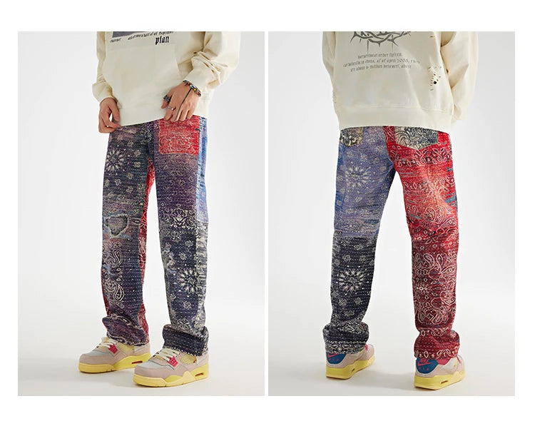 hip hop paisley printed denim jeans mens new casual zipper straight jeans streetwear high street loose pants baggy jeans joggers unique joggers style 2400