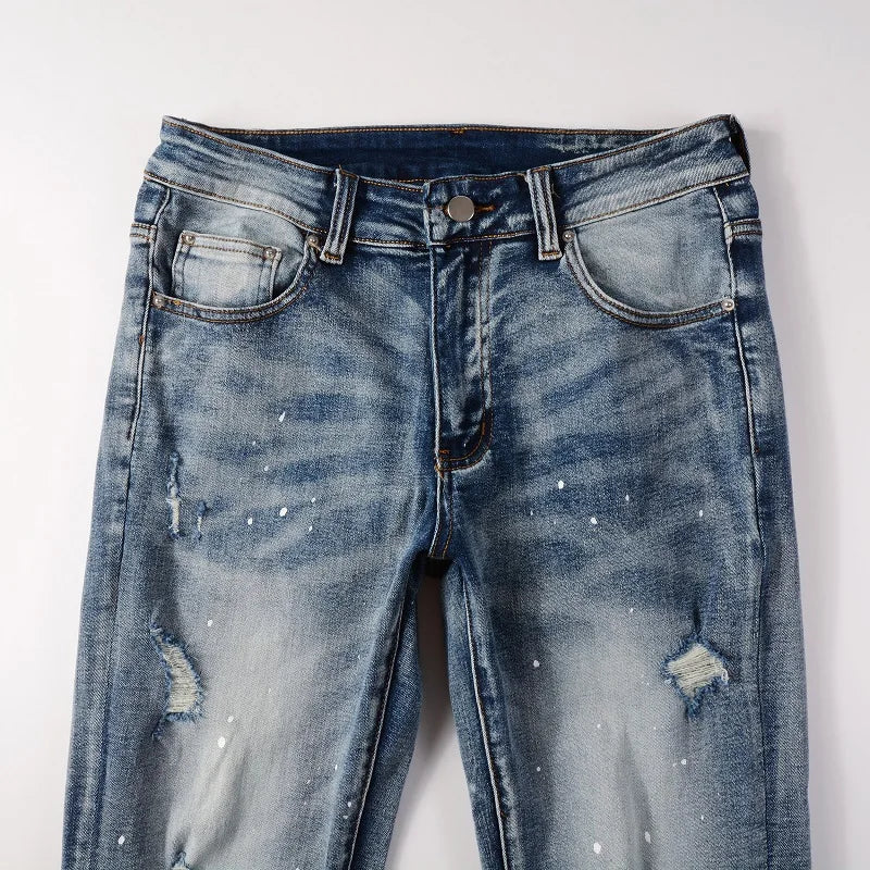 high street printed ripped holes denim jeans mens casual slim fit biker zipper trousers streetwear hip hop jean pants joggers unique joggers style 3460